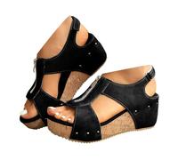 VBEDKDEB Wedge Heel Mules Women's Platform Wedge Sandals Elegant Leather Comfortable Slippers Open Non-Slip Slippers Casual Rivets Slippers 2025 Summer Beach Holiday Sandals, T 4 Black, 8 UK
