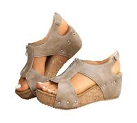 VBEDKDEB Wedge Heel Mules Women's Platform Wedge Sandals Elegant Leather Comfortable Slippers Open Non-Slip Slippers Casual Rivets Slippers 2025 Summer Beach Holiday Sandals, T 4 Beige, 5.5 UK
