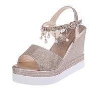 VBEDKDEB Wedge Heel Shoes Women's Comfortable Platform Sandals 2025 Summer Elegant Glitter Rhinestone Pearl Sandals Adjustable Strap Bridal Sandals Travel Holiday Peeptoe Non-Slip Evening Shoes, gold