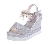 VBEDKDEB Wedge Heel Shoes Women's Comfortable Platform Sandals 2025 Summer Elegant Glitter Rhinestone Pearl Sandals Adjustable Strap Bridal Sandals Travel Holiday Peeptoe Non-Slip Evening Shoes