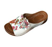 VBEDKDEB Women Mules Sandals Slides with Heel Women Ethnic Pattern Embroidered Floral Closed Toe Breathable Soft Sole Summer Orthopaedic, White, 8.5 UK