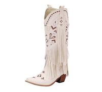 VBEDKDEB Women's Knee-High Boots, Cowboy Boots for Women, Knee-High Western Boots with Fringe Embroidery, Pointed Toe and Chunky Heels, Shoes for Dirndl, White, 5 UK