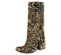 VBEDKDEB Women's Mid Calf Boots, Women's Boots with Medium Calf, Fashionable Pattern, Sequins, Winter Boots, Cool Zips, Low Heels, Comfortable Shoes, Boots, Black, gold, 4.5 UK