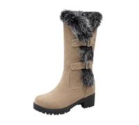 VBEDKDEB Women's Mid Calf Boots, Women's Winter Fashion, Warm Fur Boots, Belt Buckle, Thick Soles, Medium Calf Boots with Thick Heels, Shoes for Dirndl, White, 8 UK