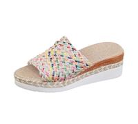 VBEDKDEB Women's Mules Summer Sandals Slides Ethnic Women's Sandals with Thick Sole and Fish Mouth Flat with Colourful Straw Straps Summer Comfortable, multicoloured, 8.5 UK