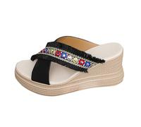 VBEDKDEB Women's Mules Summer Sandals Slides Women's Summer Fashion Woven Slippers in Ethnic Style with Open Toe and Wedge Heel Casual and Comfortable Slippers Sandals Summer, black, 8 UK