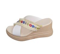 VBEDKDEB Women's Mules Summer Sandals Slides Women's Summer Fashion Woven Slippers in Ethnic Style with Open Toe and Wedge Heel Casual and Comfortable Slippers Sandals Summer, White, 8.5 UK