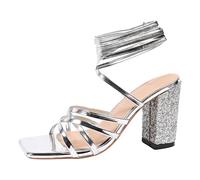 VBEDKDEB Women's Sandals Summer Comfortable Sandals Women High Heels, Chunky Platform Sandals with Block Heel for Women, Sexy Strappy Sandals with Open Toe, Elegant Women's Heel, silver, 8 UK