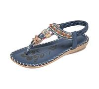VBEDKDEB Women's Summer Comfortable Sandals Women Bohemian Women's Toe Separator with Thin Sole, Elastic Strap, Comfortable Soft Sole and Cut Out Design with Rhinestones. Shoes Summer, blue, 4 UK