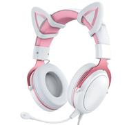 VBESTLIFE Wired Gaming Headset, RGB Over Ear Headphones with 50mm Drivers, Omni Directional Microphone Noise Reduction Memory Foam Ear Cups (White Pink with Cat Ears Decor)