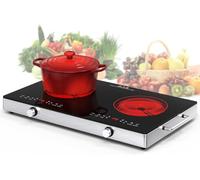 VBGK 2 Ring Electric Hob with Handle, 3600W Ceramic Hob 2 Zone, Double Electric Ceramic Hob Countertop, Safety Lock & 3H Timer, 220V-240V Plug in
