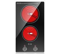 VBGK Double Ceramic Hob, 3000W Plug in Electric Hob Dual Zone with Knob+Touch Control, Electric Cooker with Safety Lock & Timer, 9 Power Levels, 220V-240V