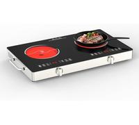 VBGK Double Electric Hob, 220V 3600W Ceramic Hob with Handle, Electric Hot Plate with 9 Power Levels, Child Safety Lock, Timer,Knob and Touch Control, 2 Burner Cooktop