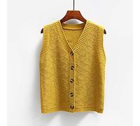 VBHJK Knitted Vest Tops For Women, V Neck Gilets Knitted Vest Thin Cardigan Jacket Geometric Jacquard Casual Tank Top Sweater Sleeveless Waistcoat Jumper Uniform Preppy Style, Yellow, L