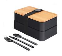 VBOK IGFE Modern Japanese Bento Box 3-Piece Set with Bamboo Lid and 3pcs Cutlery, Rectangular, 1200ml, Black