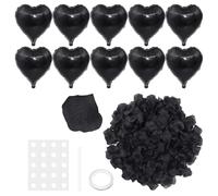 VBRHFRIF 10 Black Heart-Shaped Balloons, 100 Artificial Petals, 1 Roll White Ribbon, 1 Straw, 20 Glue Dispensers - Heart-Shaped Decorative Balloons