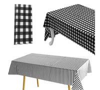 VBRHFRIF 3-Piece Plastic Rectangular Checkered Tablecloths, Black and White, Waterproof and Oil-Proof, Dining Table Decoration