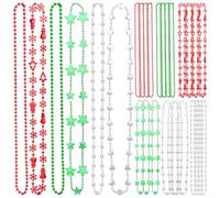 VBRYUAW 24Pcs Christmas Necklaces Christmas Ornament Bulk Metallic Red White Green Silver Bead Necklaces Snowflake Star Beaded Costume Necklace Xmas Tree Decoration for Xmas Party, 6 Styles