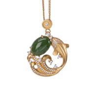 VBRYUAW Sterling Silver Golden Koi Fish Necklace For Women Hotan Jade Tail Zircon Retro Ethnic Jewelry Gift