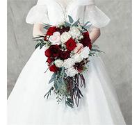 VBVB Handmade Wedding Bridal Bouquet, Artificial Red And White Roses Flower Bride Bouquet Waterfall with Long Ribbon, Perfect for Wedding Party, Church Home Decor