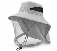 VBVOO Grey Mesh Insect Hat with Face Net, Mosquito Net Hat for Outdoors | Midge Nets for Head, Wide Brim Shade, Breathable Mesh Panels, Adjustable Fit, For Fishing, Hiking, Camping and Gardening