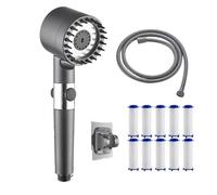 Vc Pure Shower Head, Koreanspa Vcpure Shower Head, Multifunctional Massage Showerhead with 60/79in Stainless Steel Pipe and 10 PCS Cotton Filter, One Button Adjustment Set (Gray, 75in)