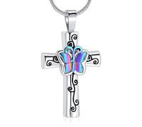 VCCWYQK Butterfly Cross Urn Necklace for Ashes Stainless Steel Cremation Jewelry for Women Men Ash Holder Memorial Pendant Funeral Keepsake (B)