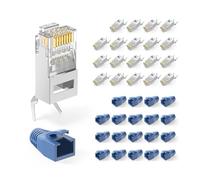 VCELINK RJ45 Connector CAT7/CAT6A, 20 Pack, Shielded 8P8C RJ45 Plugs | Pass Through Gold Plated Network Plug | Load Bar and Boots Included, Blue