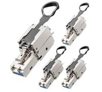 VCELINK Toolless RJ45 Connector Cat7 Cat6A with Pull Tab, Shielded, 4 Pack | 10Gbps/600Mhz, Gold-Plated Pins, Reusable Compact FTP Ethernet Plug for 22-26 AWG Cable, PoE Supported