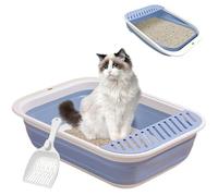 VCEPJH Collapsible Cat Litter Box Large Open Senior Cat Potty Pan with Scoop Low Entry Litter Boxes for Older Cats Foldable Cat Toilet Travel Litterbox Blue 20.9x15.7x5.7inch