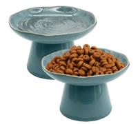 VCEPJH Elevated Cat Bowls 6.1in Shallow Cat Food Plate Pack of 2 Ceramic Raised Cats Dish Flat Anti Whisker Fatigue Wide Pet Food & Water Feeder for Indoor Kitty Kitten (Blue)