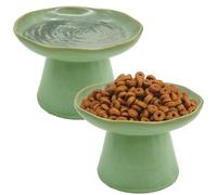 VCEPJH Elevated Shallow Cat Bowls 6.1in Ceramic Cat Food Plate Pack of 2 Raised Cats Dish Flat Anti Whisker Fatigue Wide Pet Food & Water Feeder for Indoor Kitty Kitten (Green)