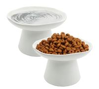 VCEPJH Raised Cat Food Bowls Shallow Cat Plate Pack of 2 Ceramic Elevated Cats Dish 6.1in Flat Anti Whisker Fatigue Wide Pet Food & Water Feeder for Indoor Kitty Kitten (White)