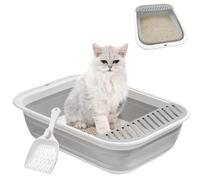 VCEPJH Senior Cat Litter Boxes for Large Cats Litter Pan with Scoop-Collapsible Open Low Entry Kitty Potty for Older Cats Foldable Cat Toilet Training Travel Litterbox Grey 20.9x15.7x5.7inch