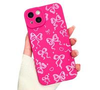 VCGFJD for iPhone 14 Hot Pink Case, Cute Aesthetic Bows Heart Pattern Design, Lens Edge Raised Protection, Slim Soft TPU Shockproof Protective Case for Women Girls,White Bow