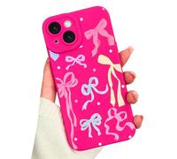 VCGFJD for iPhone 14 Hot Pink Case, Cute Aesthetic Bows Heart Pattern Design, Lens Edge Raised Protection, Slim Soft TPU Shockproof Protective Case for Women Girls,Colorful Ribbon Bow