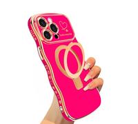 VCGFJD Magnetic for iPhone 15 Pro Max Case with Stand, Cute Wave Frame Curly Shape with Love Heart Pattern Design for Women Girls, Luxury Plating Edge Soft Slim TPU Shockproof Phone Case, Rose Red