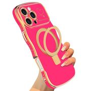VCGFJD Magnetic for iPhone 16 Pro Max Case with Stand, Cute Wave Frame Curly Shape with Love Heart Pattern Design for Women Girls, Luxury Plating Edge Soft Slim TPU Shockproof Phone Case, Rose Red