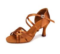 VCIXXVCE Women's Professional Latin Dance Shoes Brown Open Toe Salsa Practice Suede Sole Bachata Dance Sandals 3 inch Heel, 4 UK