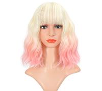 VCKOVCKO 2 Tone Color Curly Bob Wig With Air Bangs - Natural Curly Wavy Short Bob - Women's Shoulder Length Synthetic Cosplay Wig for Girl - Colorful - 12", 613-Light Pink