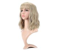 VCKOVCKO Natural Wavy Short Bob Wigs With Air Bangs - Women's Shoulder Length, Curly Wavy Synthetic Cosplay Pastel Bob Wig for Girls (12", Mix Blonde)