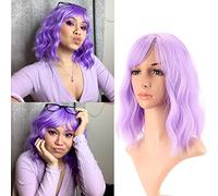 VCKOVCKO Natural Wavy Wig - Short Bob with Air Fringe, Shoulder Length, Curly Wavy Synthetic Pastel Bob Wig for Girls (12 Inches, Purple)