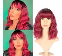 VCKOVCKO Ombre Natural Wavy Bob Wig - Air Bangs, Shoulder Length, Curly Wavy Synthetic Cosplay Wig - Colorful, 12" - Black to WineRed