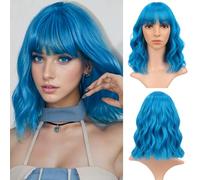 VCKOVCKO Pastel Bob Wig: Wavy Wig With Air Bangs for Women - Shoulder Length, Synthetic, Lake Blue (12")