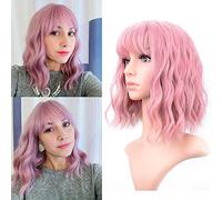 VCKOVCKO Pastel Wavy Wig With Air Bangs Women's Short Bob Purple Pink Wig Curly Wavy Shoulder Length Synthetic Cosplay Colorful Wigs for Girls (12",Purple Pink)