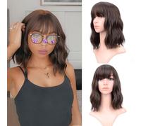 VCKOVCKO Short Bob Waves, Natural Brown, Wavy Synthetic Women's Shoulder Wig, Air Bangs, Pastel Hues, 12", 4#
