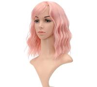 VCKOVCKO Short Bob Wavy Wigs With Air Bangs Women's Shoulder Length Wigs Curly Wavy Synthetic Cosplay Bob Wig for Girls(12", Lovely Pink)