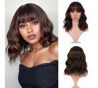 VCKOVCKO Short Bob Wigs Brown Mix Orange Wavy Wig With Air Bangs Women's Shoulder Length Curly Wavy Synthetic Cosplay Wig Brown Mix Orange for Girl (12", 8/30)
