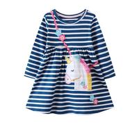 Vckrio Baby Girls Dresses Embroidery Applique Cotton Long Sleeve Shirts Dress Navy Blue White Stripe Floral Horse Pattern Dress Kid Crew Neck Spring Winter Warm Outfit for Toddlers Age 2-3 Years