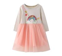 Vckrio Girls Dresses Long Sleeve Pink Grey Shirt Princess Tutu Dress Tulle Glitter Sequins Rainbow Pattern Kids Embroidered Cotton Dress Christmas Traveling Outdoor Patchwork Dress for Child 6-7 Years